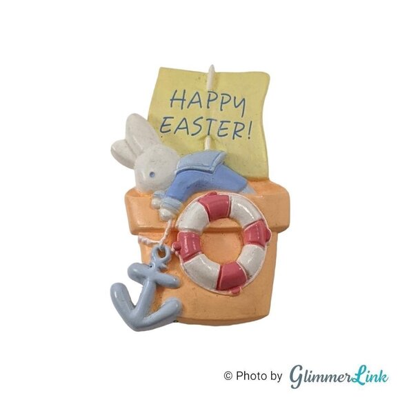 Vintage 1990s Hallmark Bunny in Flower Pot Nautical Easter Brooch - Picture 1 of 8